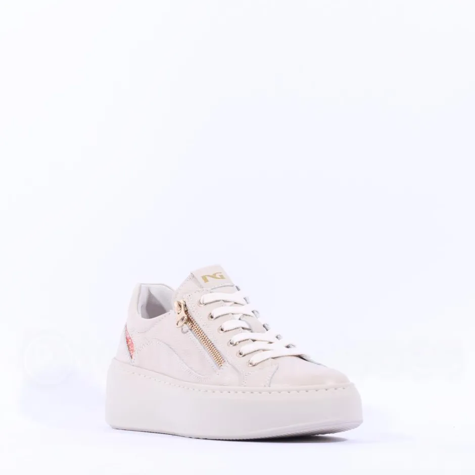 Women NeroGiardini Side Zip Glitter Trainer - Cream Orange