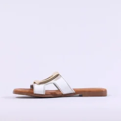 Women Oh My Sandals Square Buckle Mule Slider - White Gold