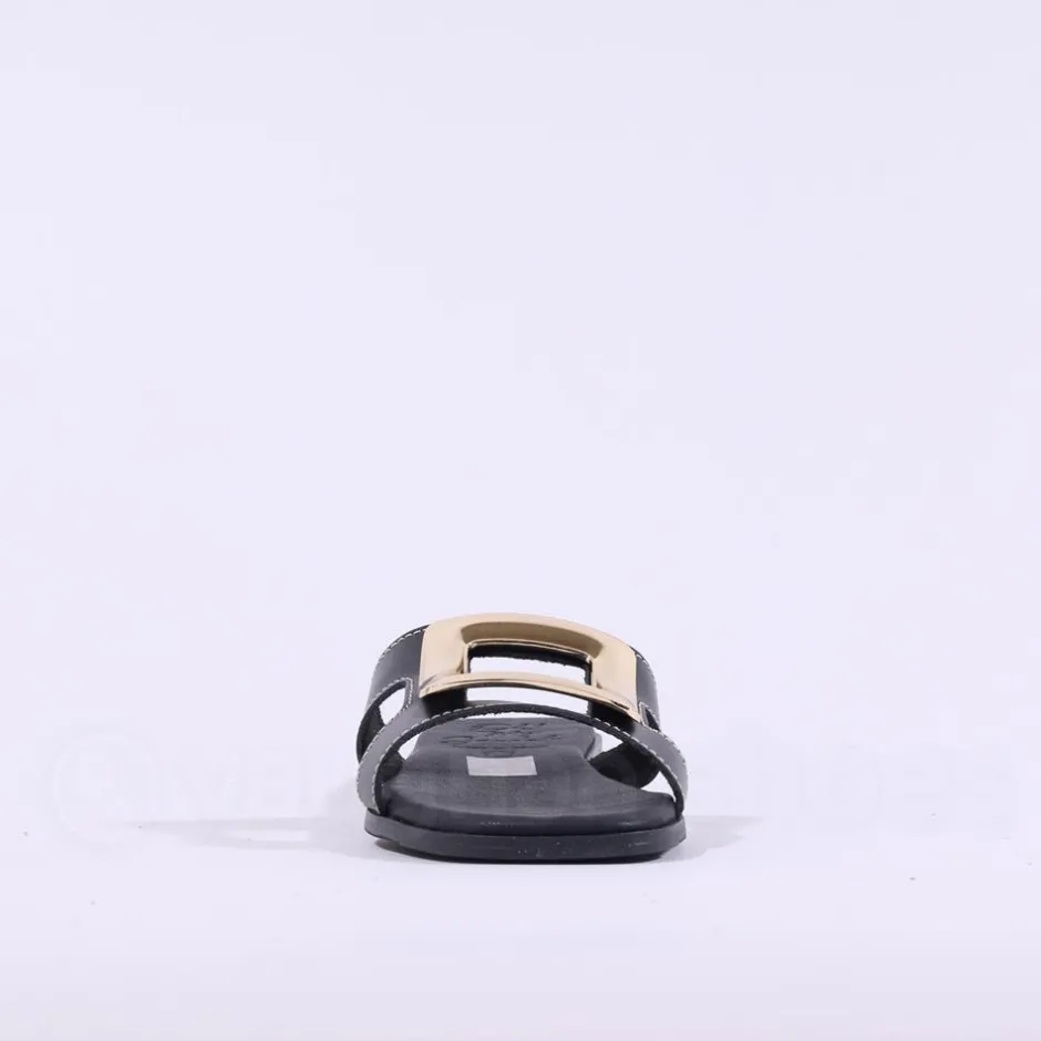 Women Oh My Sandals Square Buckle Mule Slider - Black Gold