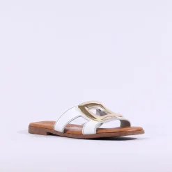 Women Oh My Sandals Square Buckle Mule Slider - White Gold