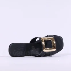 Women Oh My Sandals Square Buckle Mule Slider - Black Gold