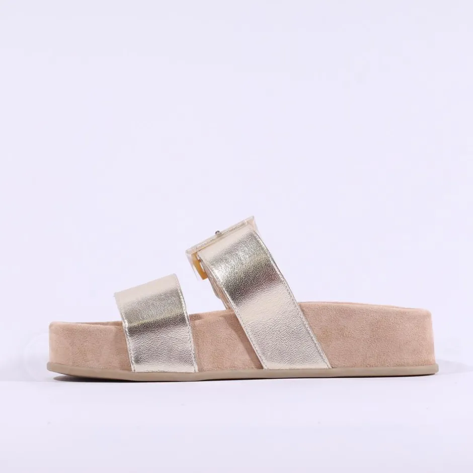 Women Paul Green 2 Strap Buckle Mule Sandal - Gold Leather