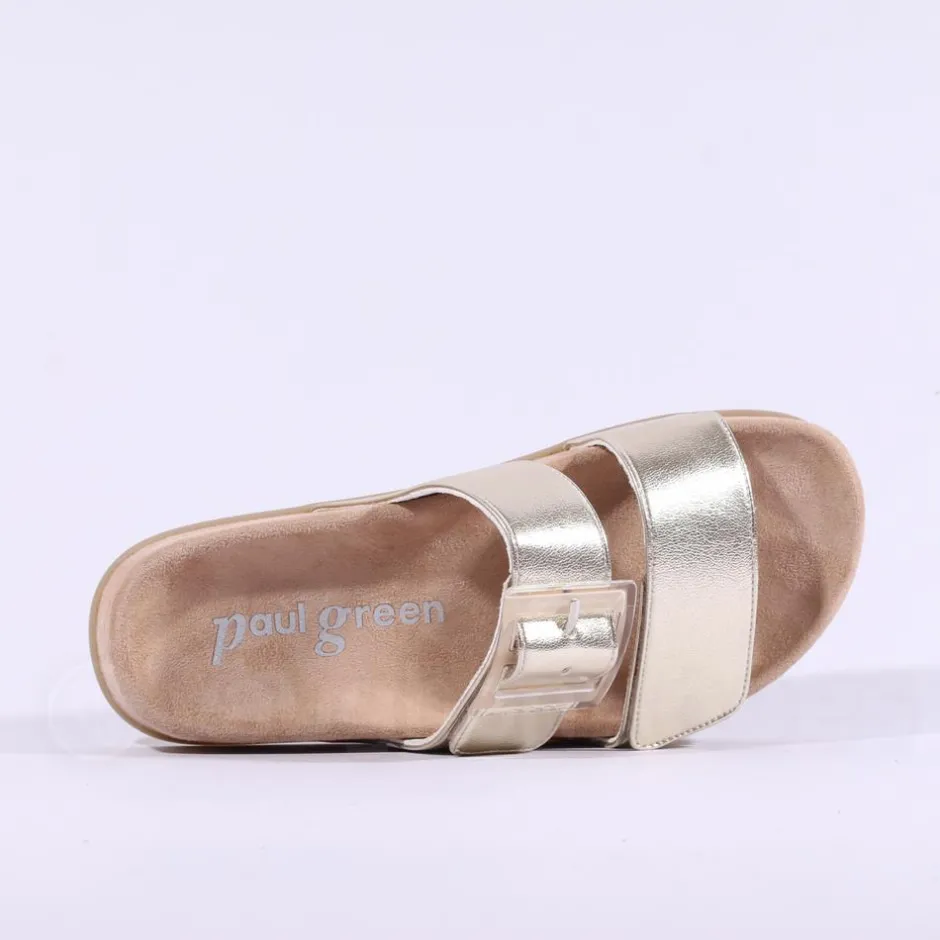Women Paul Green 2 Strap Buckle Mule Sandal - Gold Leather