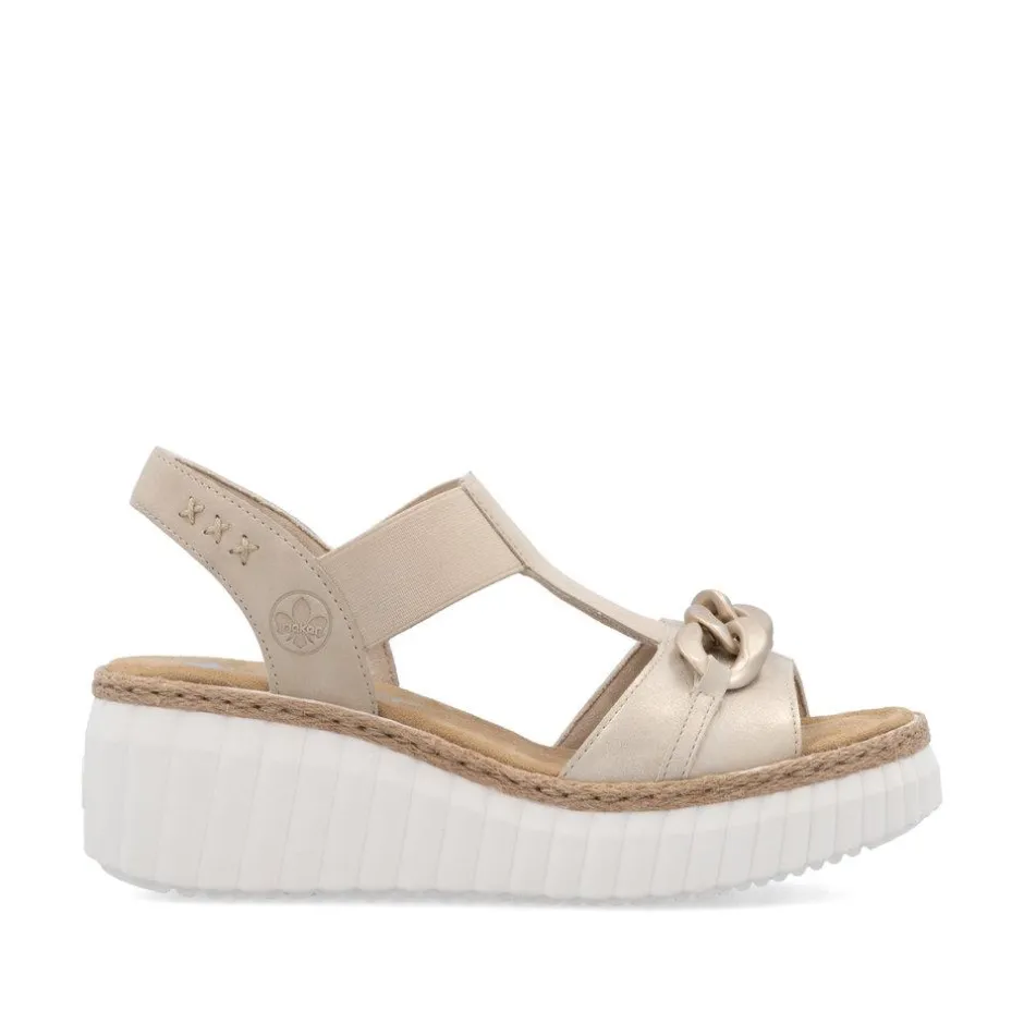 Women Rieker T Bar Link Detail Wedge Sandal - Beige Metallic Combi