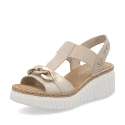 Women Rieker T Bar Link Detail Wedge Sandal - Beige Metallic Combi