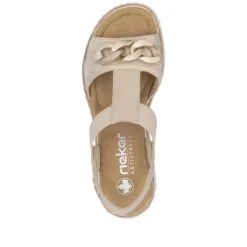 Women Rieker T Bar Link Detail Wedge Sandal - Beige Metallic Combi