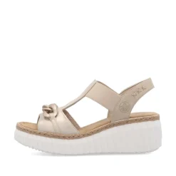 Women Rieker T Bar Link Detail Wedge Sandal - Beige Metallic Combi