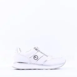 Women Tamaris Taja Side Zip Sparkle Trainer - White Silver