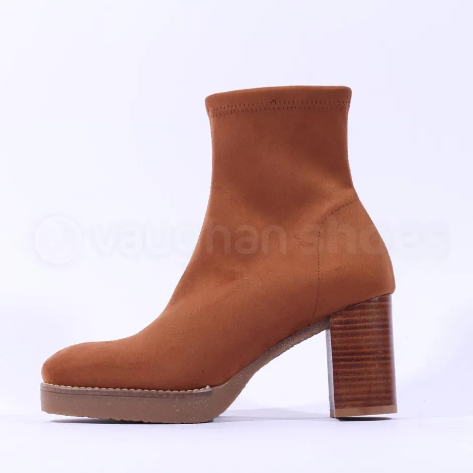 Women Miss Elastic Timber Block Heel Sock Boot - Tan Suede
