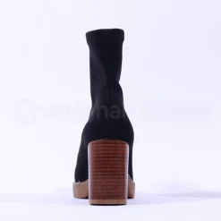 Women Miss Elastic Timber Block Heel Sock Boot - Black Suede