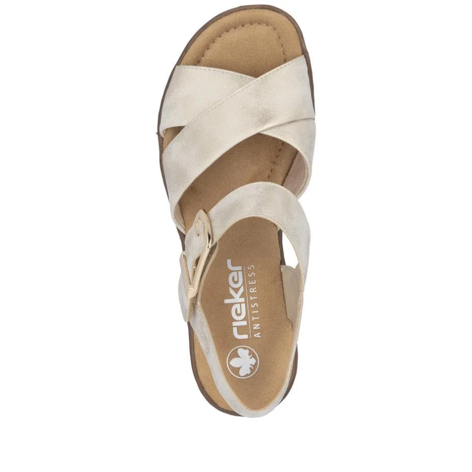 Women Rieker Velcro Cross Strap Wedge Sandal - Beige Metallic
