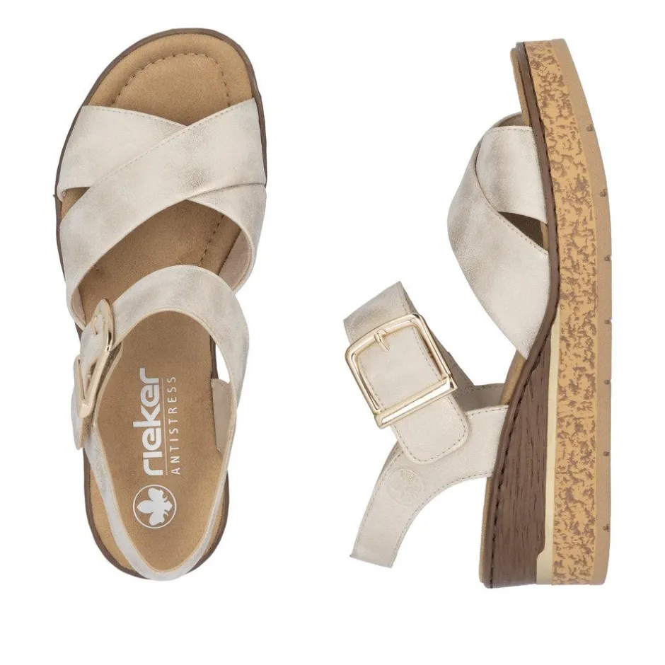 Women Rieker Velcro Cross Strap Wedge Sandal - Beige Metallic