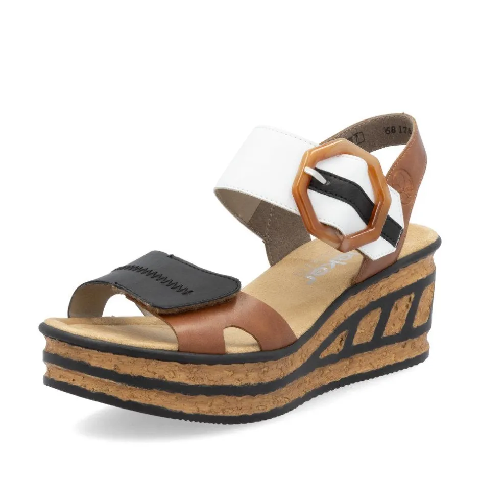 Women Rieker Velcro Strap Wedge Sandal - Tan White Black