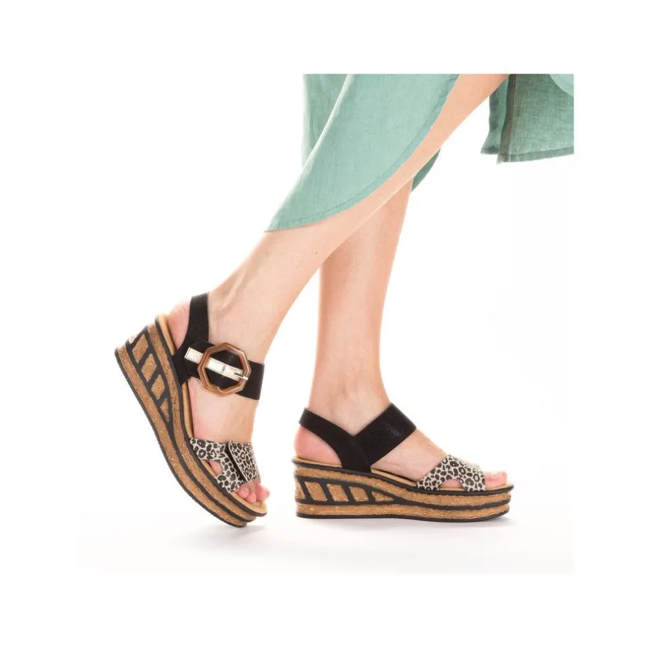 Women Rieker Velcro Strap Wedge Sandal - Black Leopard