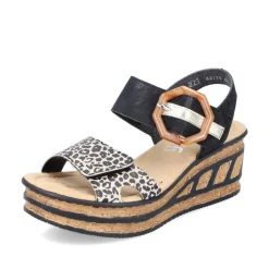 Women Rieker Velcro Strap Wedge Sandal - Black Leopard