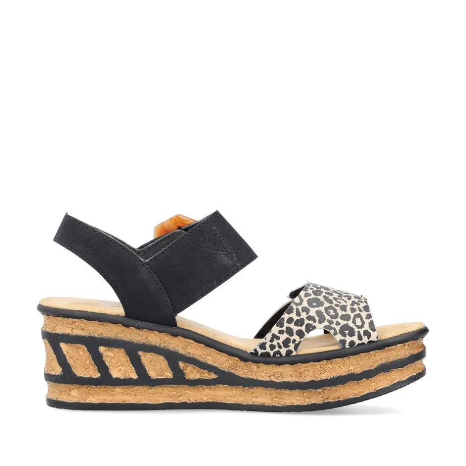 Women Rieker Velcro Strap Wedge Sandal - Black Leopard
