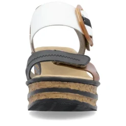 Women Rieker Velcro Strap Wedge Sandal - Tan White Black