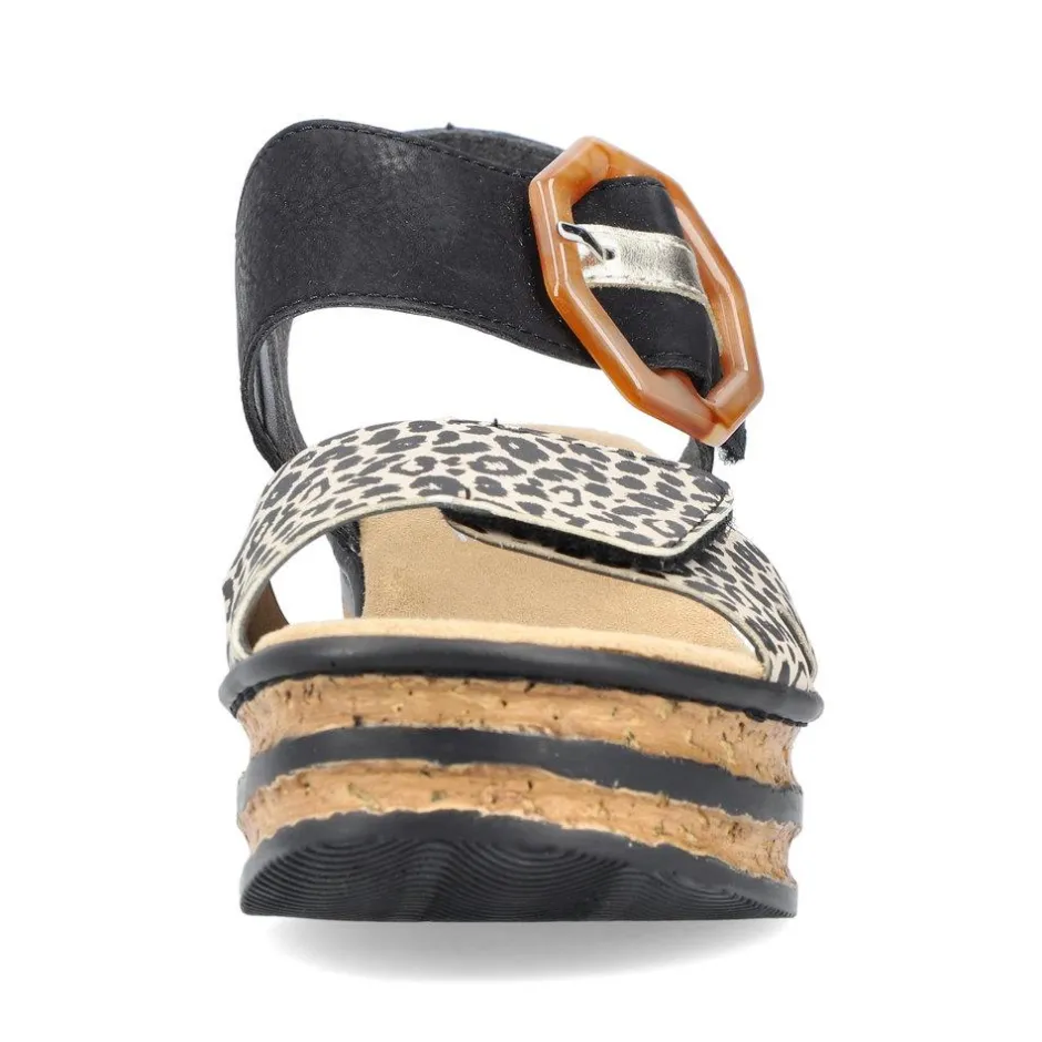 Women Rieker Velcro Strap Wedge Sandal - Black Leopard