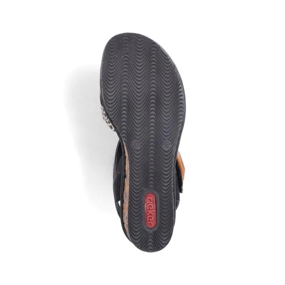 Women Rieker Velcro Strap Wedge Sandal - Black Leopard