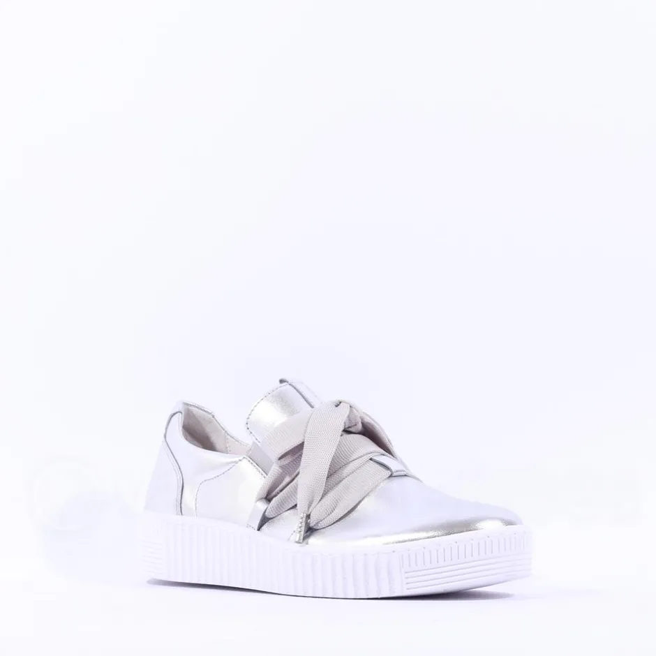 Women Gabor Waltz False Ribbon Lace Trainer - Silver