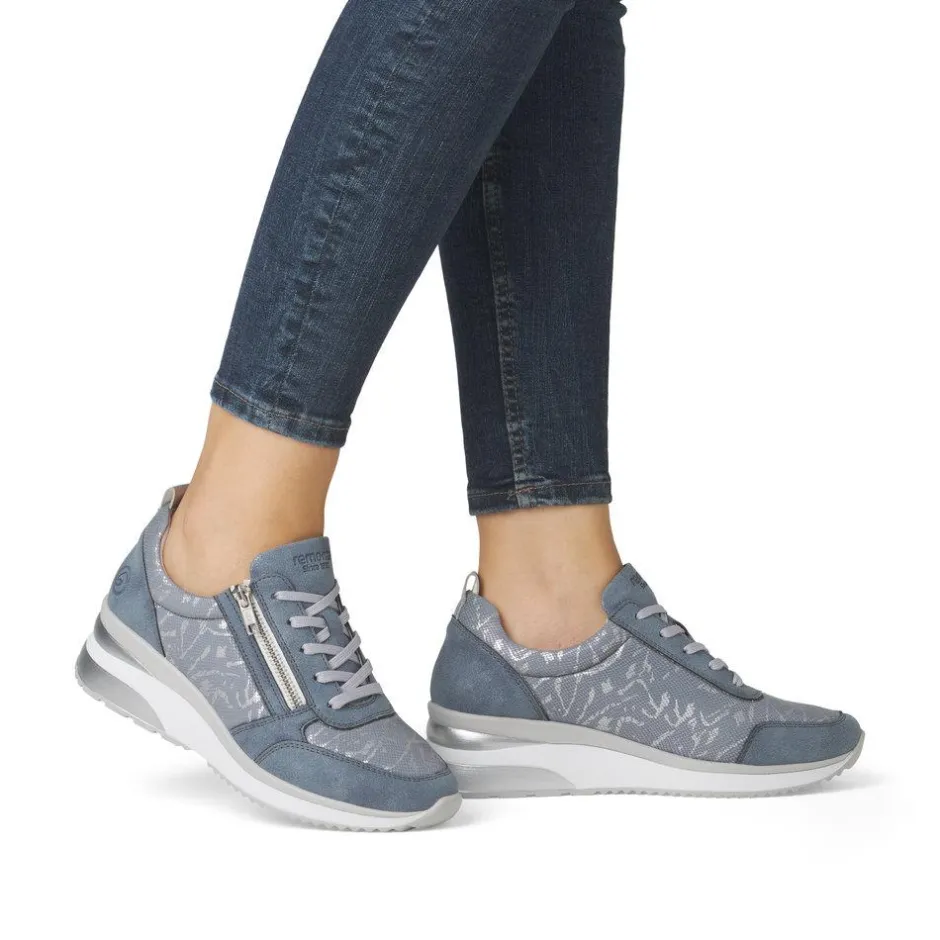 Women Remonte Wedge Laced Trainer Side Zip - Blue Combination