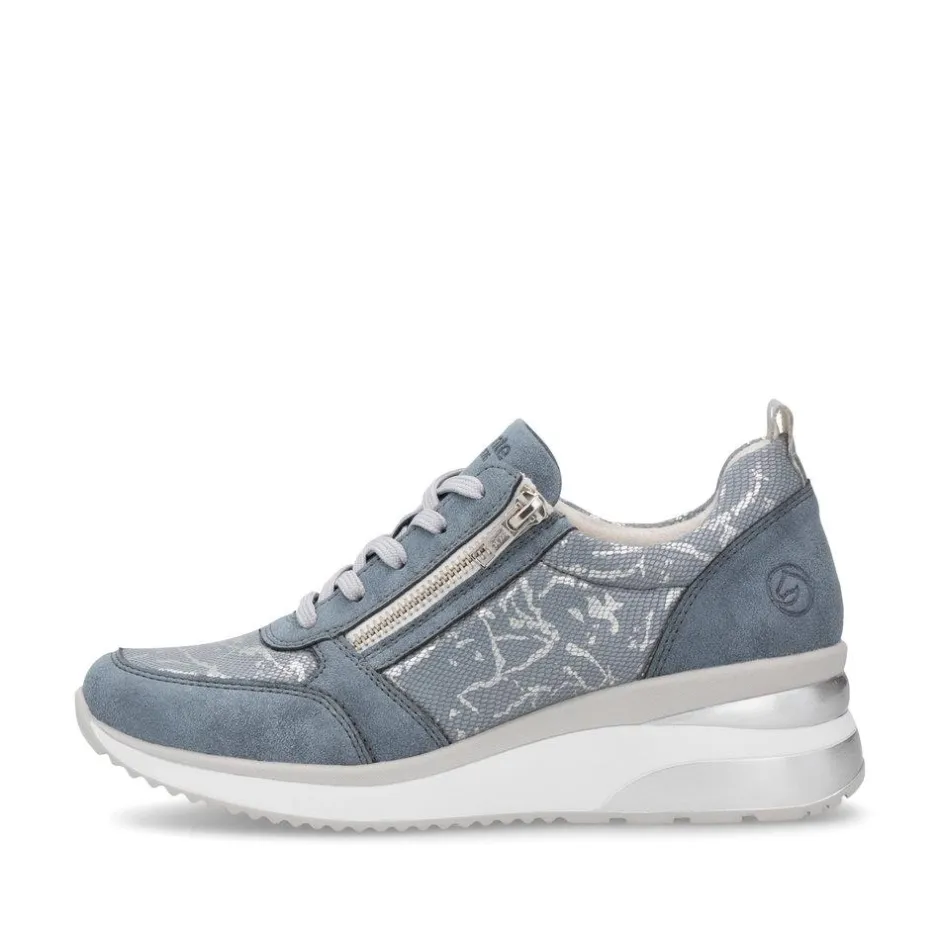 Women Remonte Wedge Laced Trainer Side Zip - Blue Combination