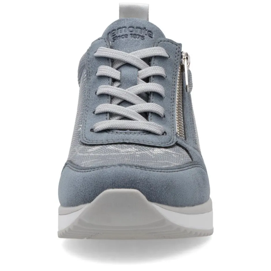 Women Remonte Wedge Laced Trainer Side Zip - Blue Combination