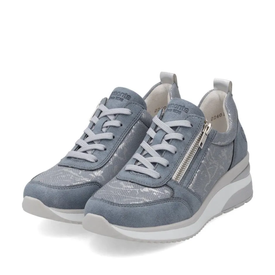 Women Remonte Wedge Laced Trainer Side Zip - Blue Combination