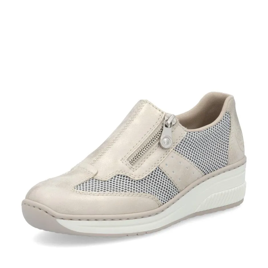 Women Rieker Wedge Mesh Shoe With Side Zip - Beige Metallic