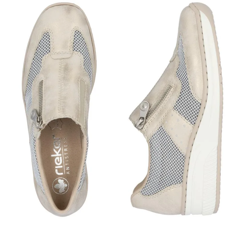Women Rieker Wedge Mesh Shoe With Side Zip - Beige Metallic