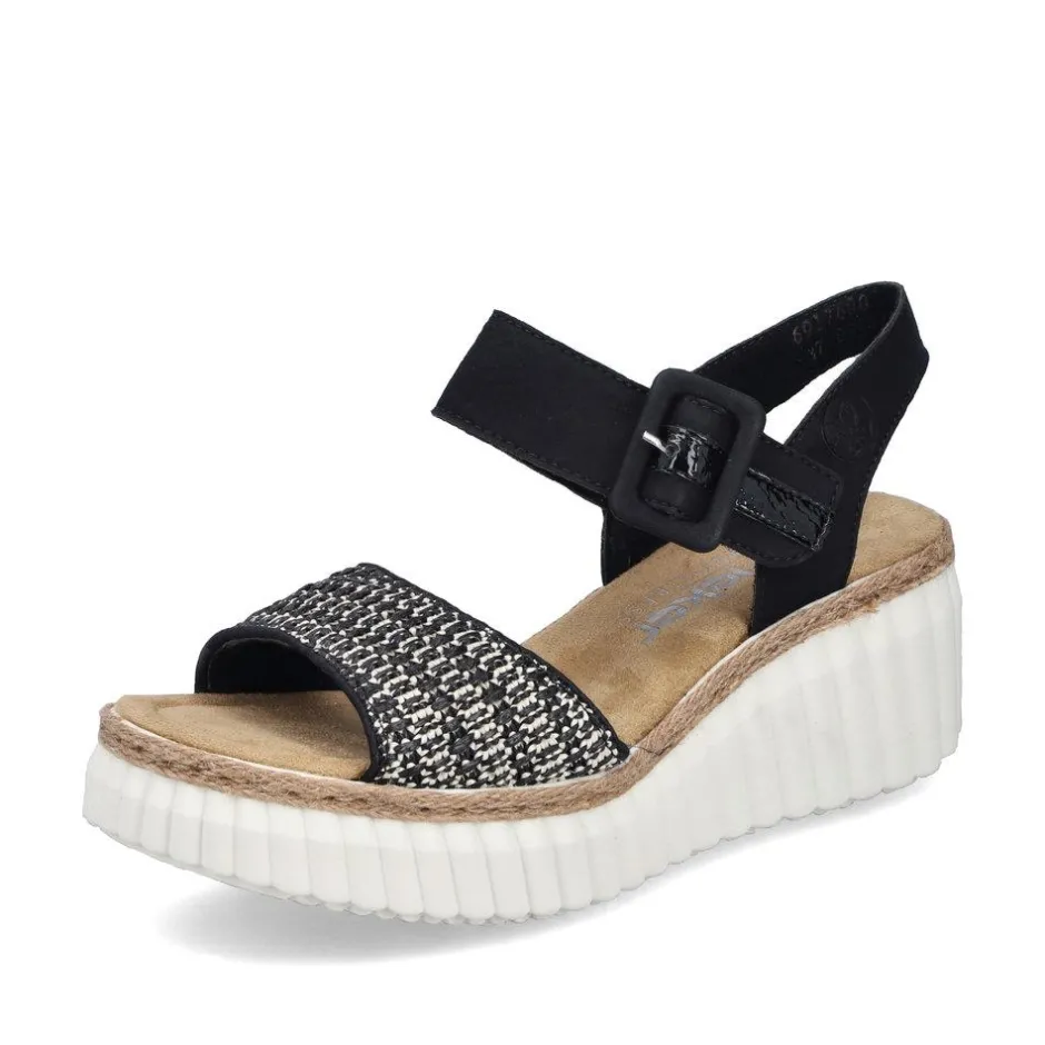 Women Rieker Woven Strap Wedge Sandal - Black Multi