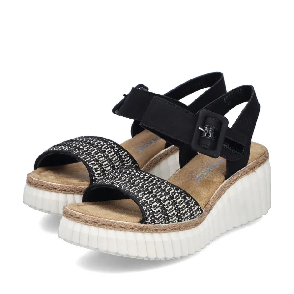 Women Rieker Woven Strap Wedge Sandal - Black Multi