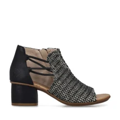 Women Rieker Woven Strappy Block Heel Sandal - Black Combi